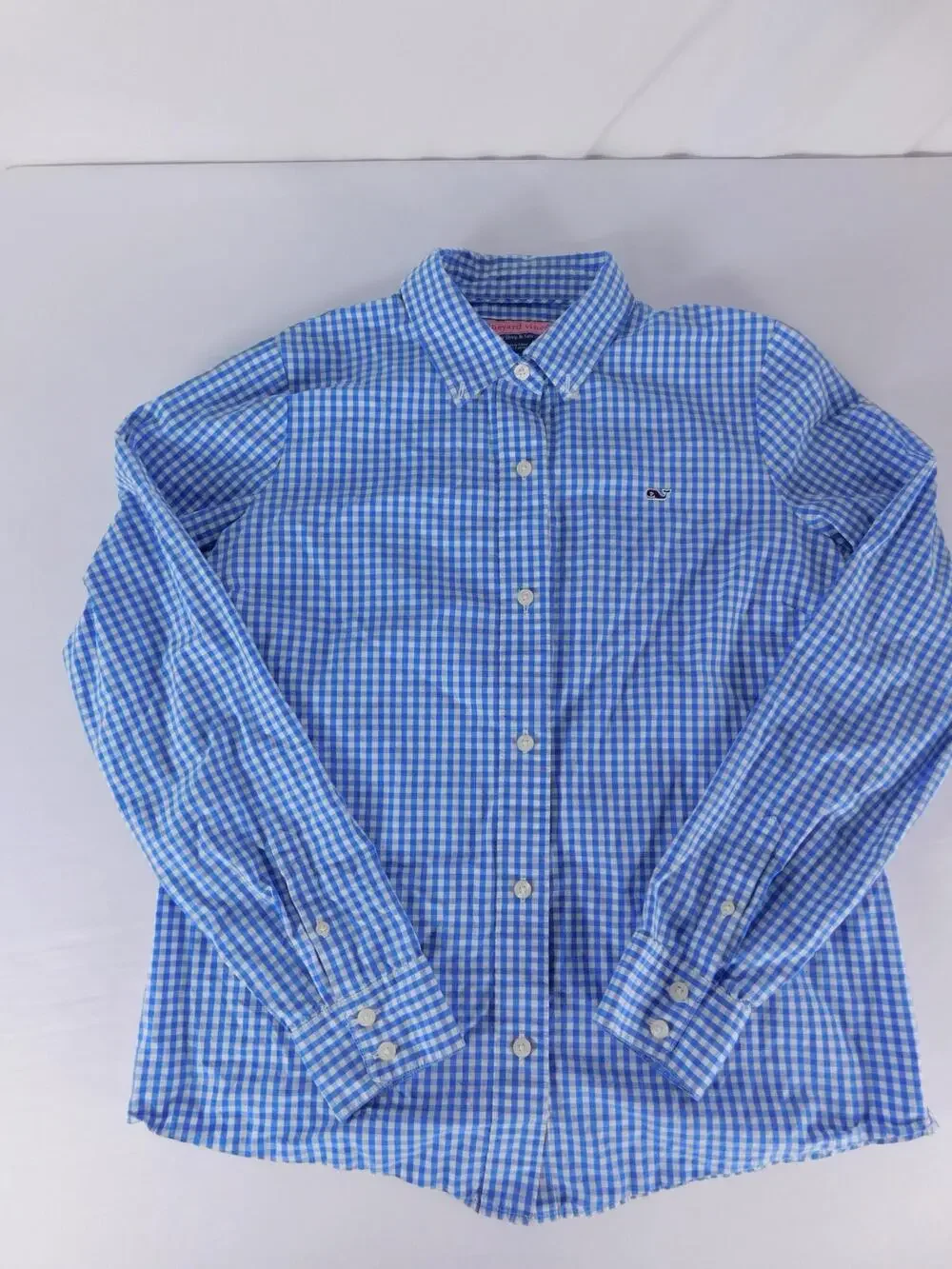 Vineyard Vines Shirt Boys 12 Blue Gingham Long Sleeve Button Down Logo